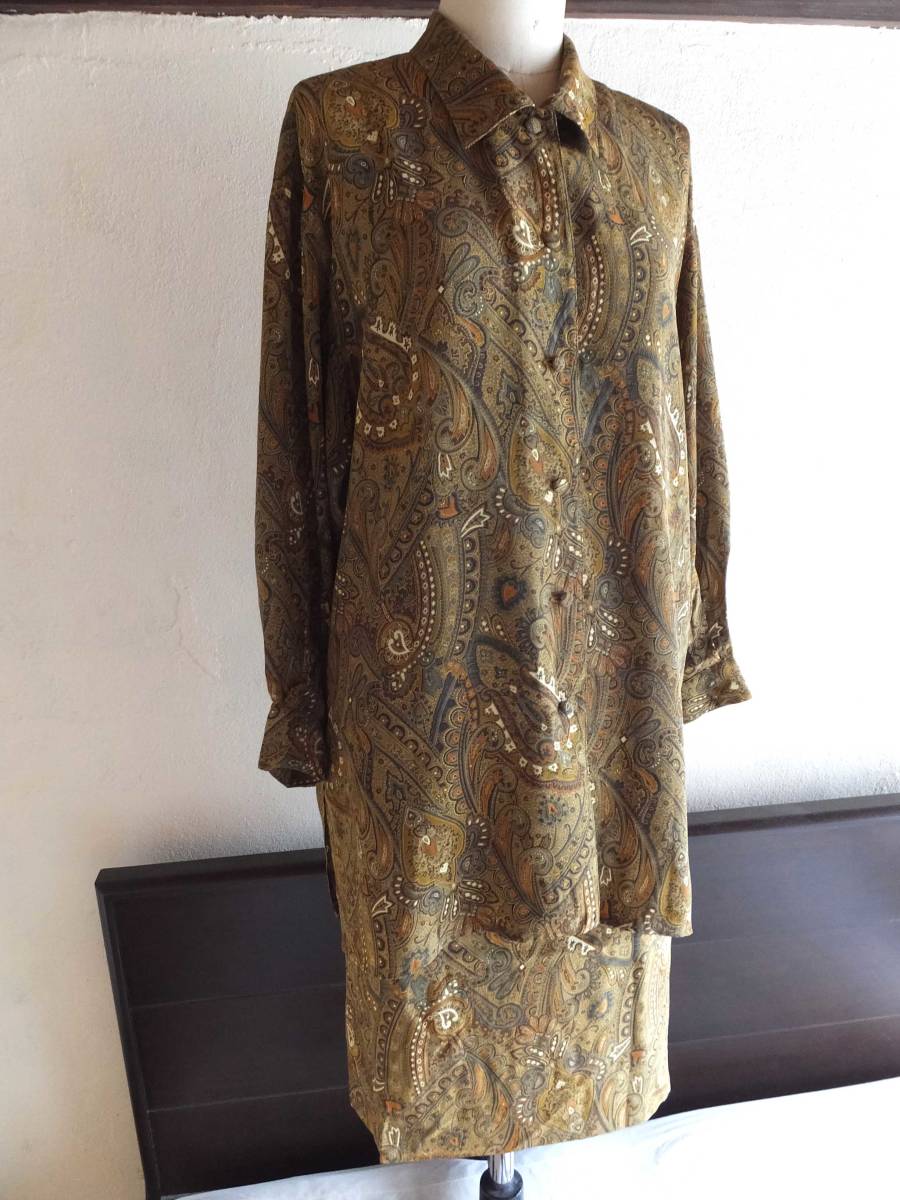 EMMA シルク100% セットアップ 絹 シャツ ブラウス+スカート 総柄 ペイズリー柄 サイズ9 大きいサイズ 絹100% SILK 拍卖