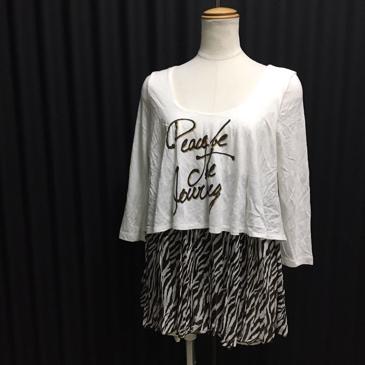 ● 新品未使用 GARULA レディース 長袖 7分袖 ロング トップス チュニック カットソー 金ラメ ホワイト 白 ゼブラ柄 プリーツ Mサイズ 38拍卖