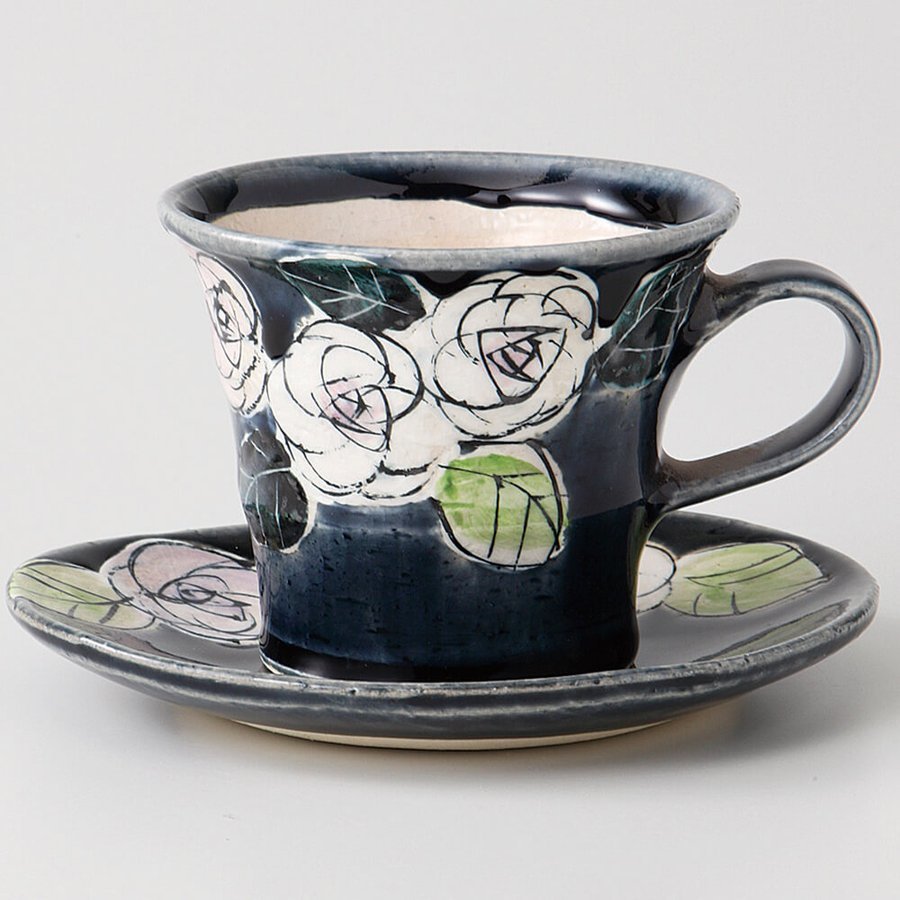 美濃焼! 達武衛 ☆藍釉バラ碗皿☆ 新品 ギフト V4013-3 紅茶 カップ ミルク ラテ エスプレッソ 茶器 ギフト拍卖