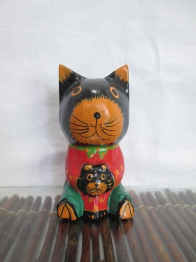 〓 新品 〓 木彫り 〓 ネコ 猫 クロネコ 黒猫 親子 アジアン雑貨 インテリア エスニック バリ 置物 おしゃれ 〓T007拍卖
