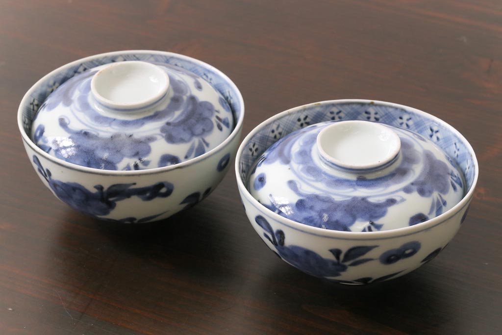 R-031731 和製アンティーク 江戸期 染付 優しい色合いが親しみ感じる蓋茶碗2客セット(和食器)拍卖