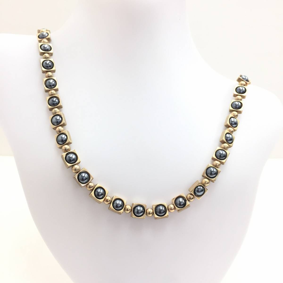 【ネックレス】約42+4cm メタリックグレー ゴールド 丸 四角 ハイセンス スタイリッシュ 金色拍卖