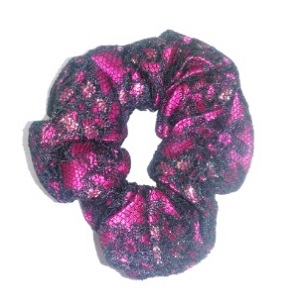 ヘアーアクセサリー シュシュ ピンク地に黒のレース 新品未使用 拍卖