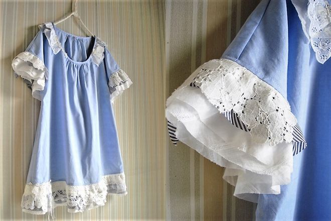 フリル&レース重ねチュニック★ブルー 5 コットン ハンドメイド拍卖