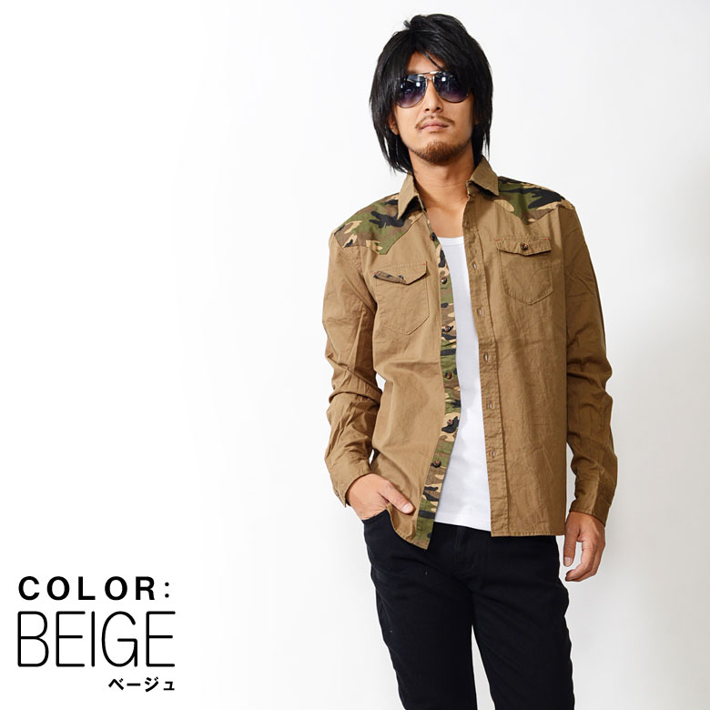 カモフラ切替ミリタリーウエスタンシャツ メンズ シャツ 迷彩 ミリタリー 【331L6468】新品ベージュM拍卖
