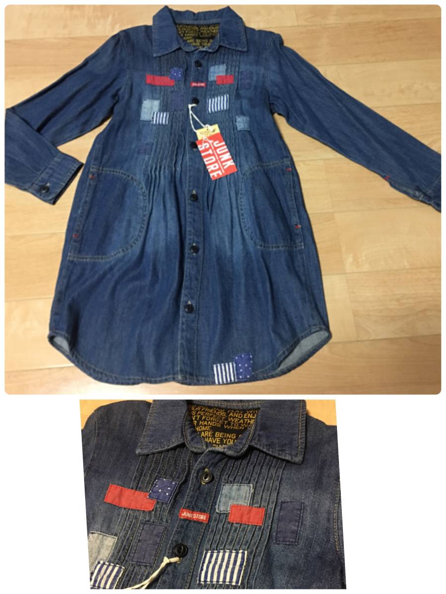 新品JUNKSTOREデニムパッチワーク柄シャツワンピース130ブリーズ 重ね着にもオシャレ ジャンクストアbreezeブリーズ拍卖