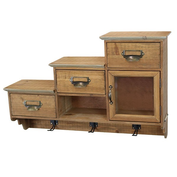 アンティーク調 ブラウンウッド 3引き出し 壁掛け小物入れとタオルフックの一体型 ステップ型3段チェストとタオルフック拍卖