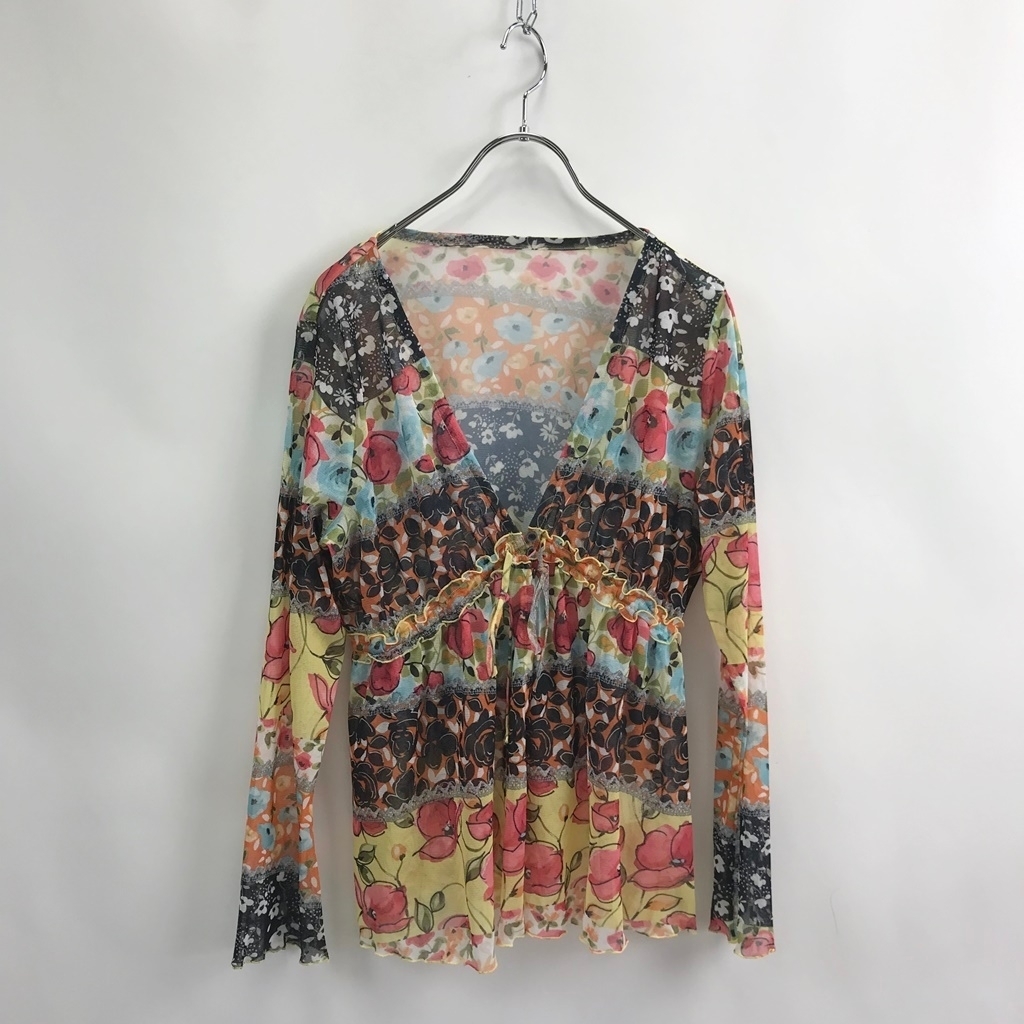 デザイン古着★FIL FEE カーディガン Vネック 総柄 花柄 マルチカラー サイズ38 レディース拍卖