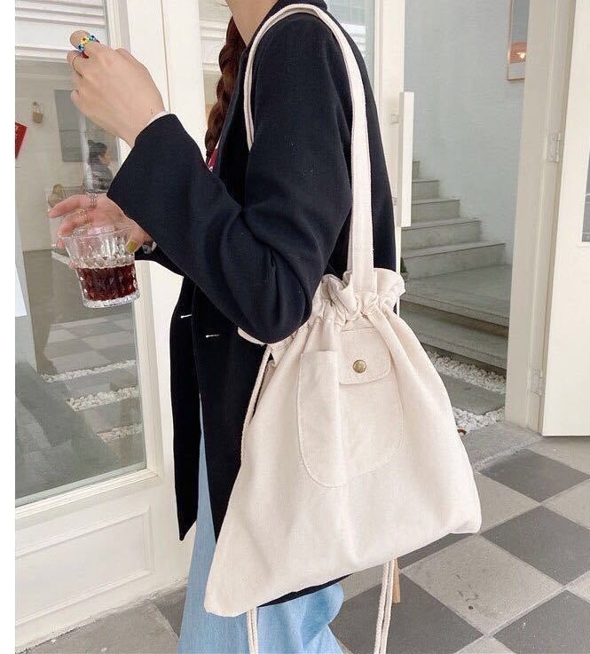 レディース巾着トートバッグ キャンバス チェック シンプル可愛い大容量 アイボリー拍卖