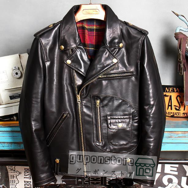 高品質★ホースハイド 50's J-24タイプ ダブルライダース レザージャケット ブラック オイルワックスレザー 馬革 M~4XL 未使用拍卖