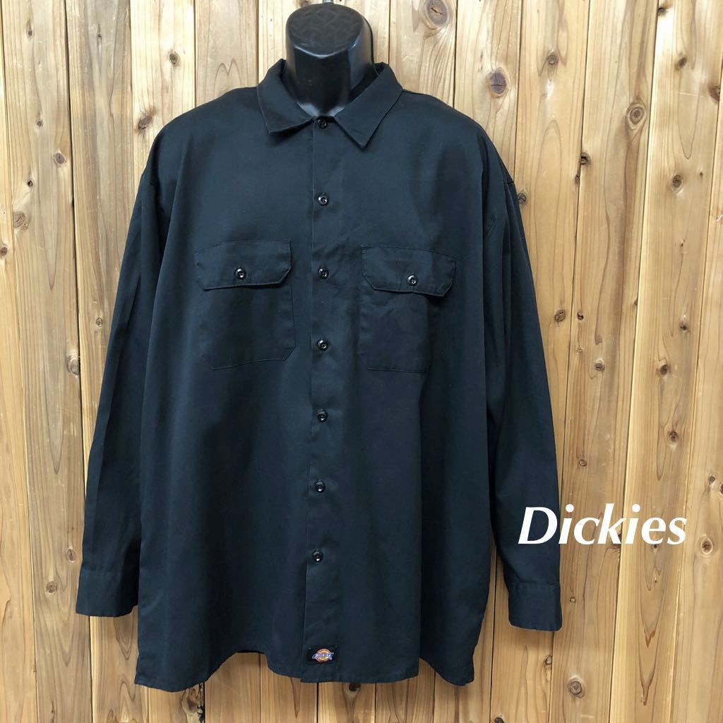 Dickies◇FLEX ディッキーズ 長袖シャツ ワークシャツ トップス 黒 無地 二つポケット アメカジ USA古着 メンズ2XL 大きいサイズ拍卖