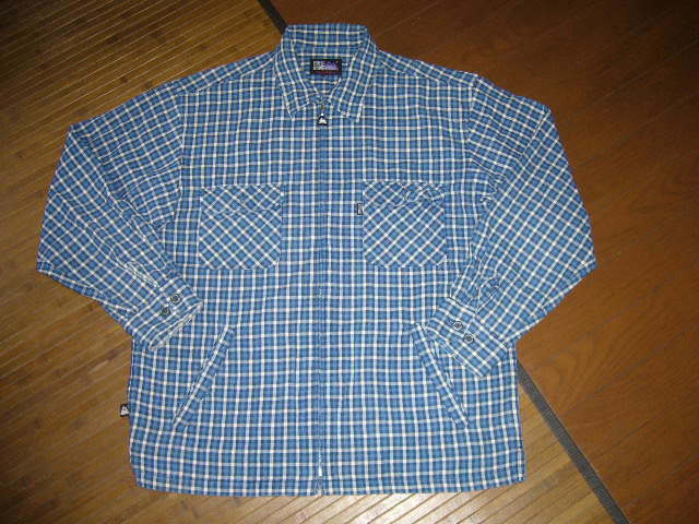 210-76♂:FIRST DOWN ファストダウン チェックフロントジップ長袖シャツ size.M 色.青 チェック アウトドア アメカジ キャンプ 山拍卖