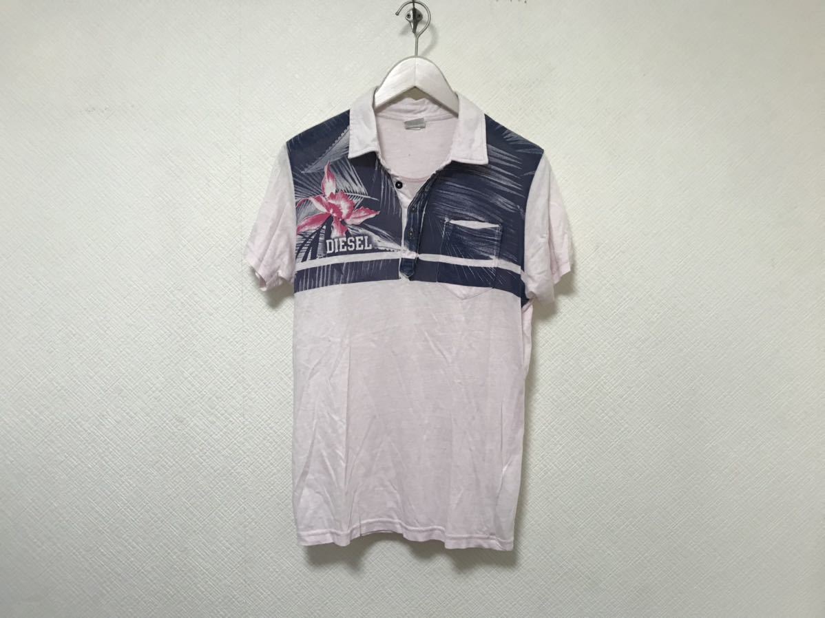 本物ディーゼルDIESELコットンプリント半袖ポロシャツメンズビジネスアメカジミリタリーサーフピンクXLインド製拍卖