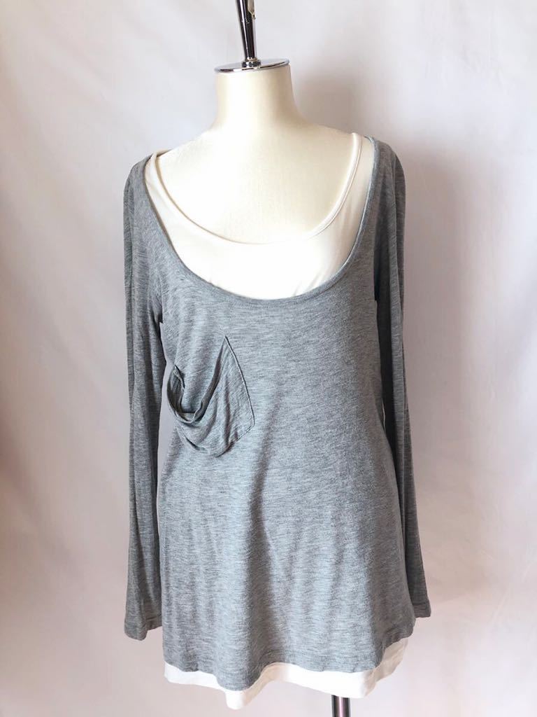 JetLabel FashionForJoy重ね着風長袖ストレッチカットソーF(M-L)グレー白♪拍卖