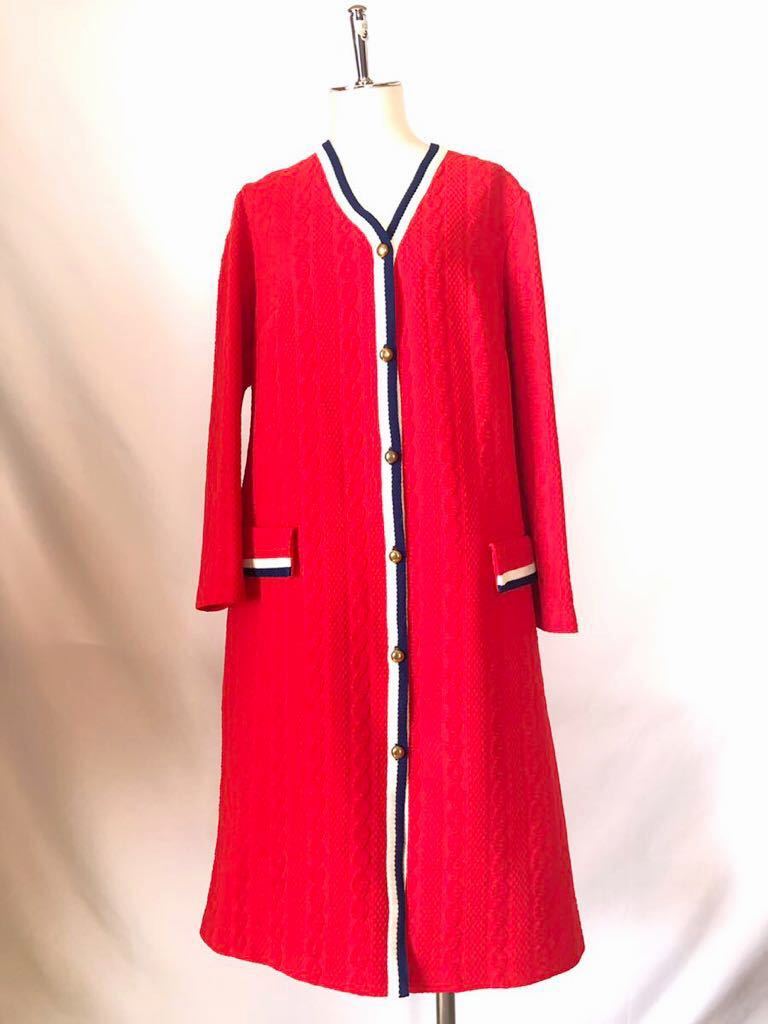 フランスパリヴィンテージショップ購入!puritanforeveryoung軽量ニット薄地スウェット素材ロングカーディガンコートM-L♪赤白紺ネイビー拍卖