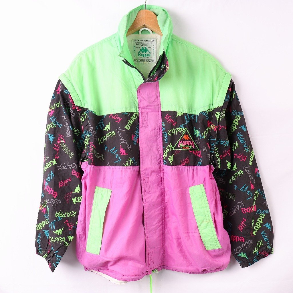 イタリア製 カッパ ナイロンジャケット S 蛍光 黄緑 パープル 黒 柄 トラックジャケット KAPPA メンズ レディース 古着 中古 nl51拍卖