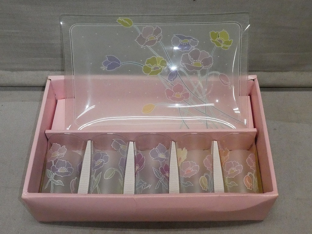 ●KAMEIGLASS 花柄 タンブラー 5客 角大皿 スナックトレー セット グラス コップ F.Lusty すりガラス ビール カメイガラス●ビアグラス拍卖
