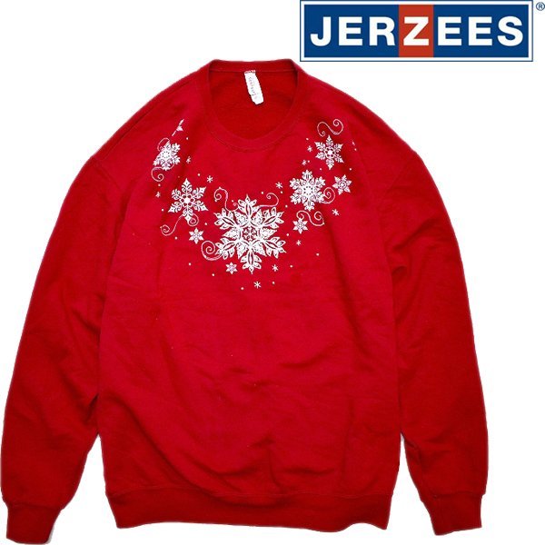 1点物◆ビッグサイズJERZEES雪柄プリントスウェット古着メンズXLレディースOKアメカジ90sストリートMixスポーツMix中古トレーナー赤784131拍卖