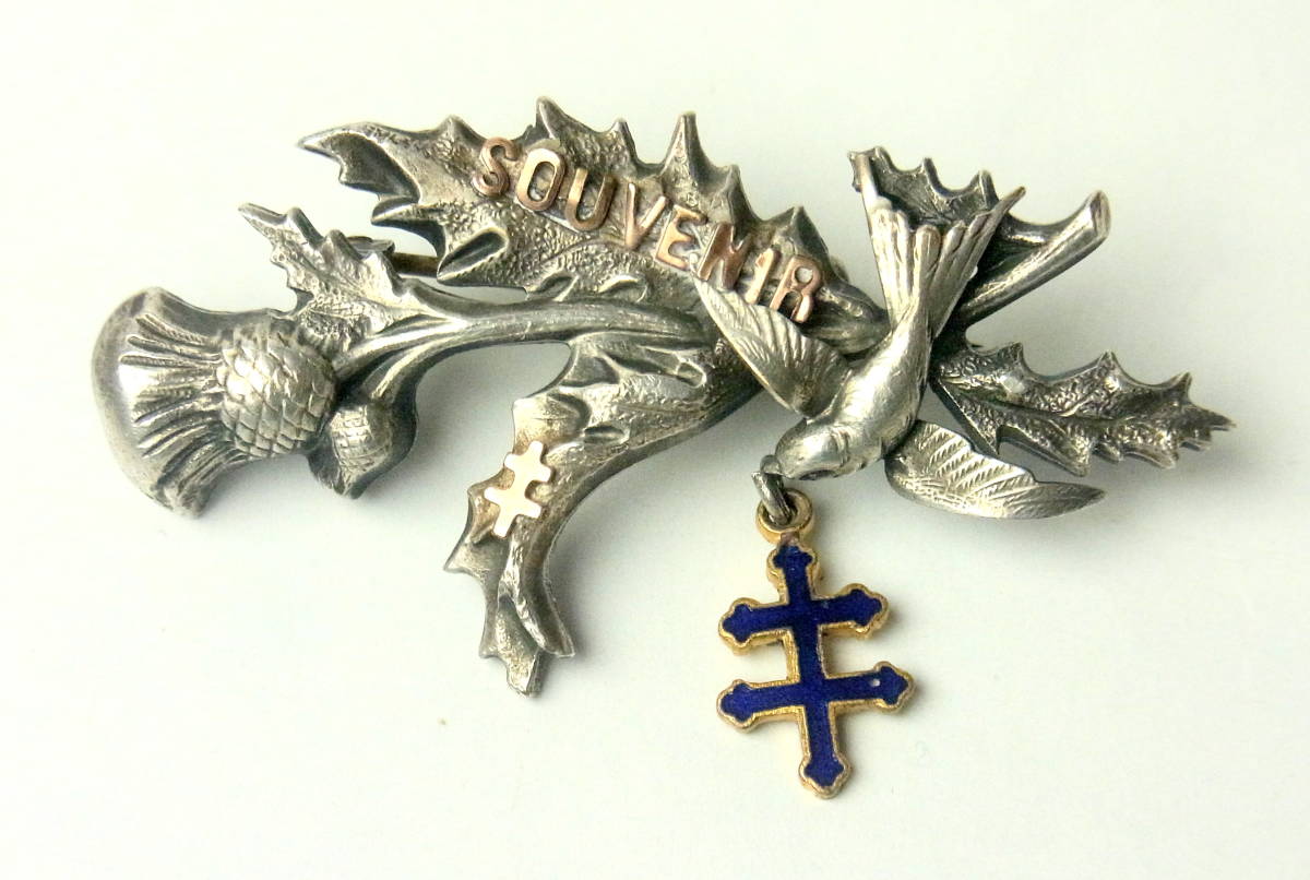 可憐 フランスアンティーク ツバメとロレーヌ十字 エマイユ装飾付きブローチ アザミの花 ドロップ 鳩 ビンテージ クロネコ宅急便60サイズ拍卖