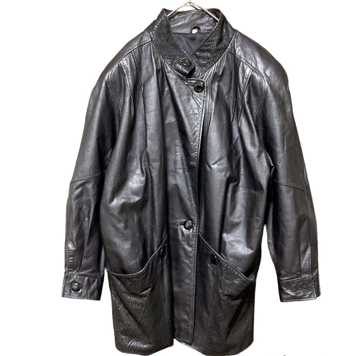 古着 vintageレザースタンドカラーコート 肩パッド入 八分丈 幾何学 レザーコート レザージャケット 牛革 ユニセックス 80s トレンド拍卖