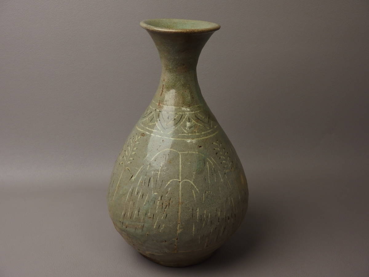 【骨董・茶道具】★李朝 高麗青磁★★高麗三島白黒象嵌総柳文瓶 ci031sell.8 花道 花道 朝鮮半島拍卖