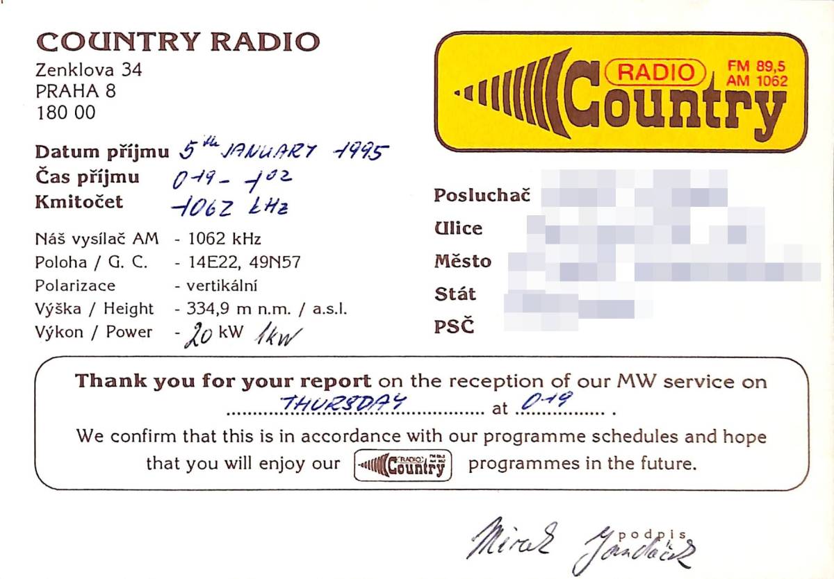 即決★送料込★BCL★難局★入手困難★希少ベリカード★カントリー・ラジオ★COUNTRY RADIO★チェコ★1995年拍卖