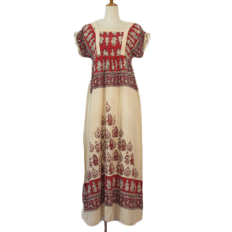 馬里邑 ワンピース ロング マキシ 総柄 半袖 リボン コットン 9 ベージュ 赤 レッド レディース拍卖