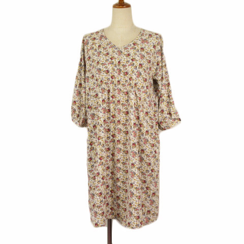 プーラフリーム pour la frime ワンピース 花柄 Vネック 七分袖 白 ホワイト レディース拍卖