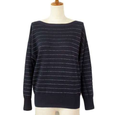 インディヴィ INDIVI カットソー ニット ボーダー ボートネック ドルマンスリーブ ラメ 42 紺 ネイビー レディース拍卖