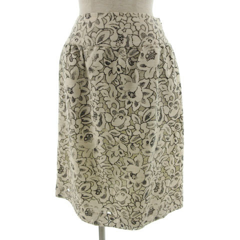 ハナエモリ HANAE MORI スカート フレア ひざ丈 花柄 ベージュ ブラック 黒 38 レディース拍卖