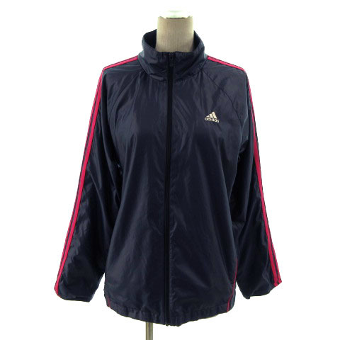 アディダス adidas ジャケット ウインドブレーカー スタンドカラー ジップアップ 裏起毛 ロゴ刺繍 3本ライン ネイビー 紺 ピンク OT拍卖