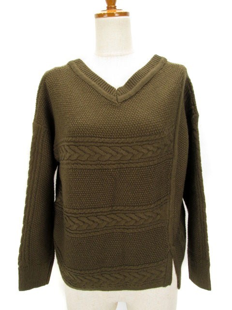 グローバルワーク GLOBAL WORK セーター ニット Vネック ワッフル ケーブル編み S 緑 レディース拍卖