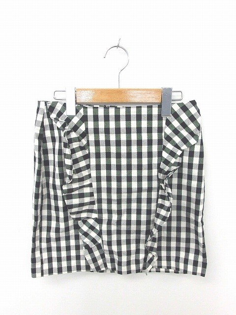 stradivarius スカート タイト ミニ チェック フリル 綿 コットン 36 ブラック アイボリー 黒 白 /TT37 レディース拍卖