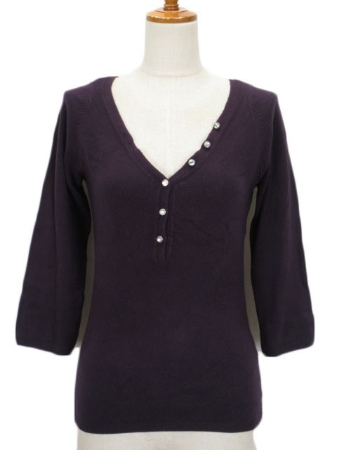ボナジョルナータ BUONA GIORNATA セーター ニット ヘンリーネック ビジュー 七分袖 L 紫 パープル レディース拍卖