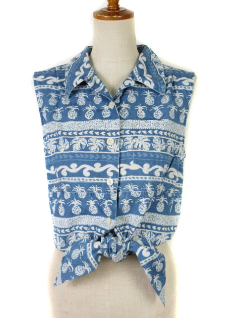 アルマーニ ジーンズ ARMANI JEANS シャツ フロントノット 総柄 サーフ ノースリーブ S 青 ブルー レディース拍卖