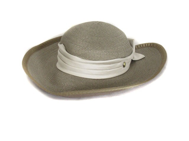 ランバン LANVIN 帽子 ストローハット つば広 リボン リネン M~L ベージュ レディース拍卖