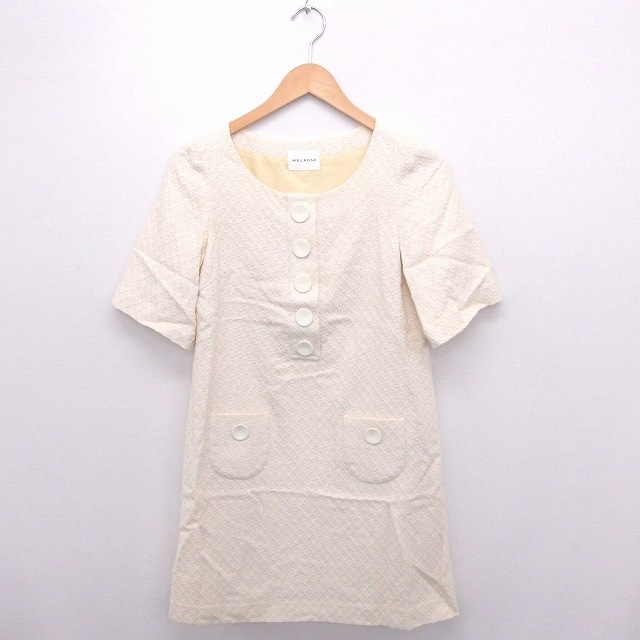 メルローズ MELROSE ワンピース ボタン 丸首 半袖 ひざ丈 コットン 綿 2 アイボリー 白 /FT24 レディース拍卖
