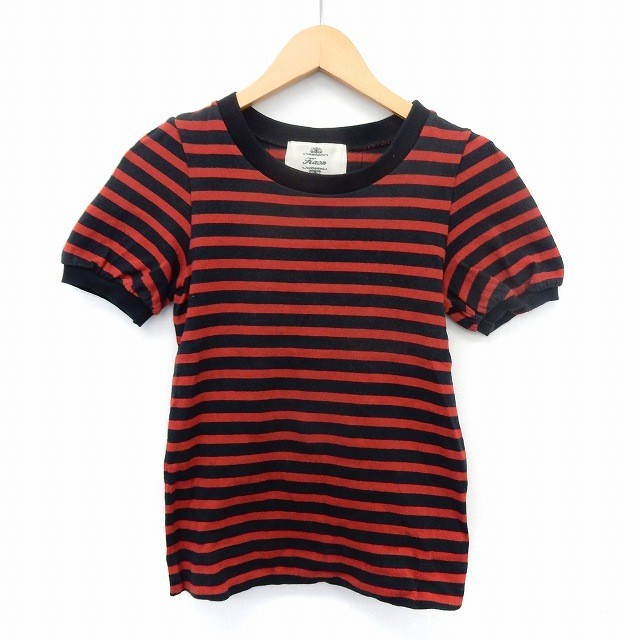 カオン Kaon カットソー Tシャツ パフスリーブ ボーダー 半袖 丸首 S レッド ブラック /ST18 レディース拍卖