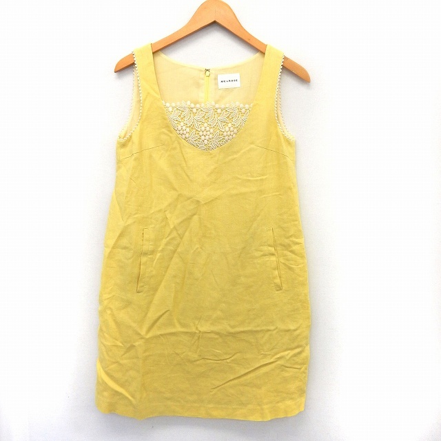 メルローズ MELROSE ワンピース ノースリーブ 膝丈 バックジップ レース 3 イエロー /ST22 レディース拍卖