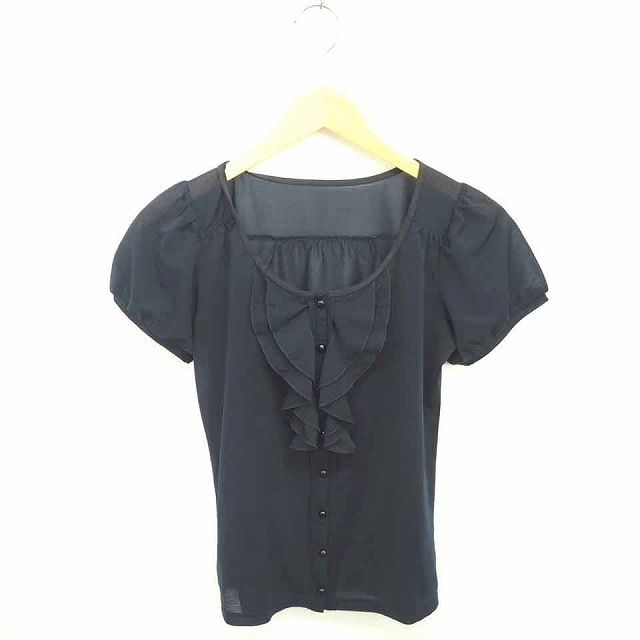 ロペ ROPE シャツ ブラウス ノーカラー フリル 薄手 透け感 半袖 M ネイビー 紺 /TT20 レディース拍卖