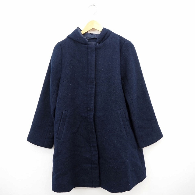 ヘザー Heather コート アウター 無地 フード シンプル ひざ丈 長袖 ウール混 F ネイビー 紺 /MT33 レディース拍卖