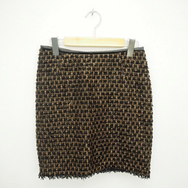 デンドロビウム DENDROBIUM スカート タイト ミニ 総柄 ウール フェイクレザー バックジップ 36 黒 茶 ブラック ブラウン /TT4拍卖