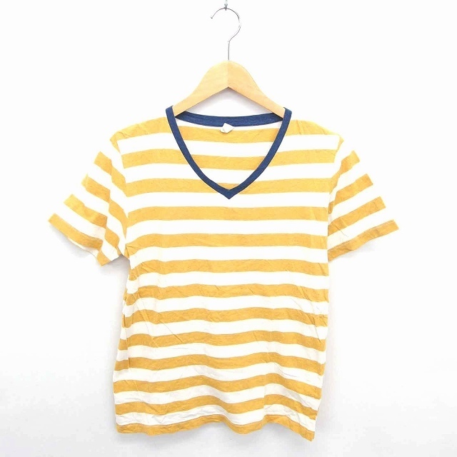 ジーアールエヌ GRN Tシャツ カットソー Vネック ボーダー 半袖 2 マスタード アイボリー からし色 /TT31 レディース拍卖