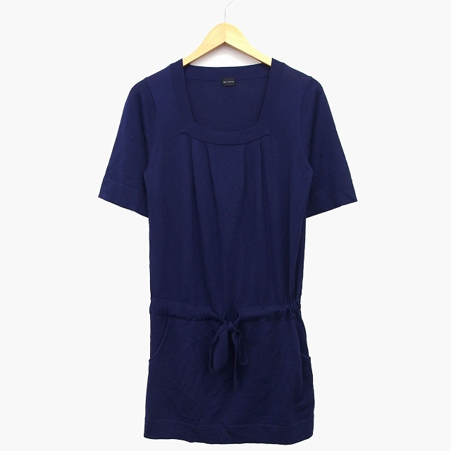 メルローズ MELROSE ニット ワンピース Iライン 膝下 半袖 スクエアネック 毛 無地 タック ウエストリボン 切替リブ 紫 /HT31 レディース拍卖