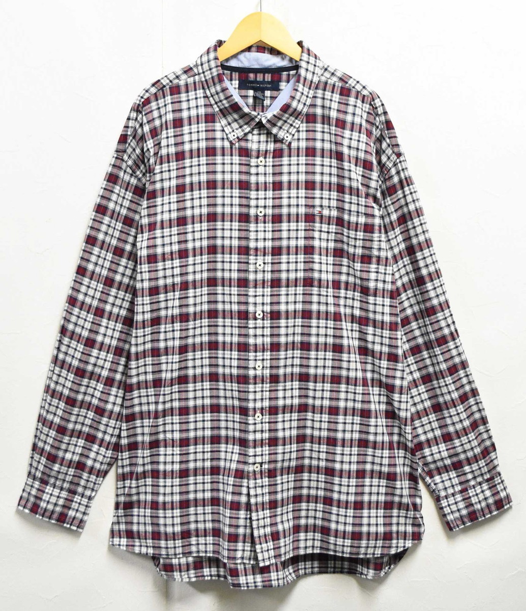 ビッグサイズ トミーヒルフィガー 長袖シャツ 薄手 ボタンダウン レッド×ホワイト×ネイビー タータンチェック柄 3XL相当(32411拍卖