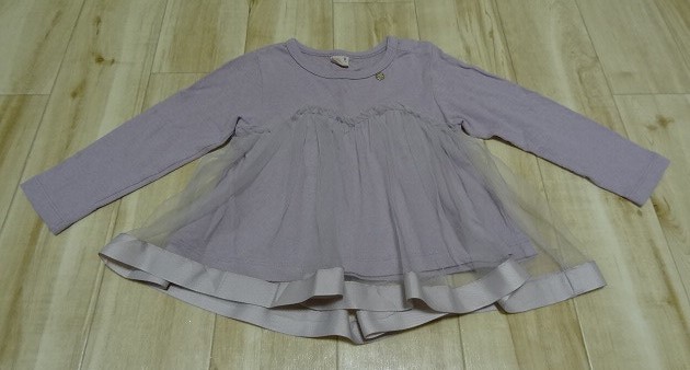 ◆ petit main プティマイン チュール ワンピース お出かけ着 ◆ 長袖 無地 パステル サイズ 90 本体 綿100% ◆ USED ◆拍卖