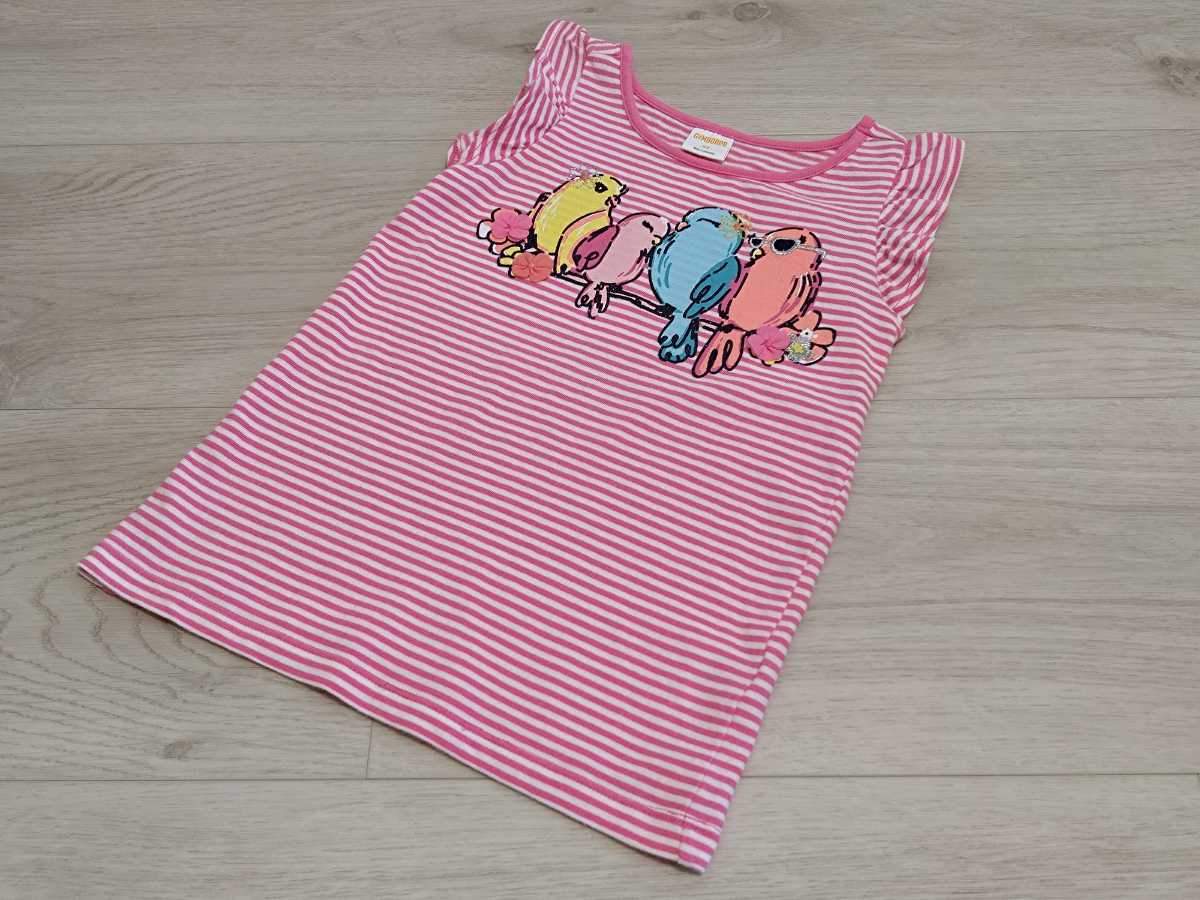 美品★ジンボリー★立体お花フリル袖タンクトップ★5T★GYMBOREE/海外子供服/4~5歳/95~100cm/鳥プリント/ラメ入り拍卖