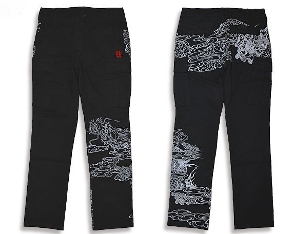 龍神降臨カーゴパンツ◆絡繰魂 ブラックXLサイズ 223246 和柄 和風 刺繍 ミリタリー 竜 ドラゴン からくり拍卖