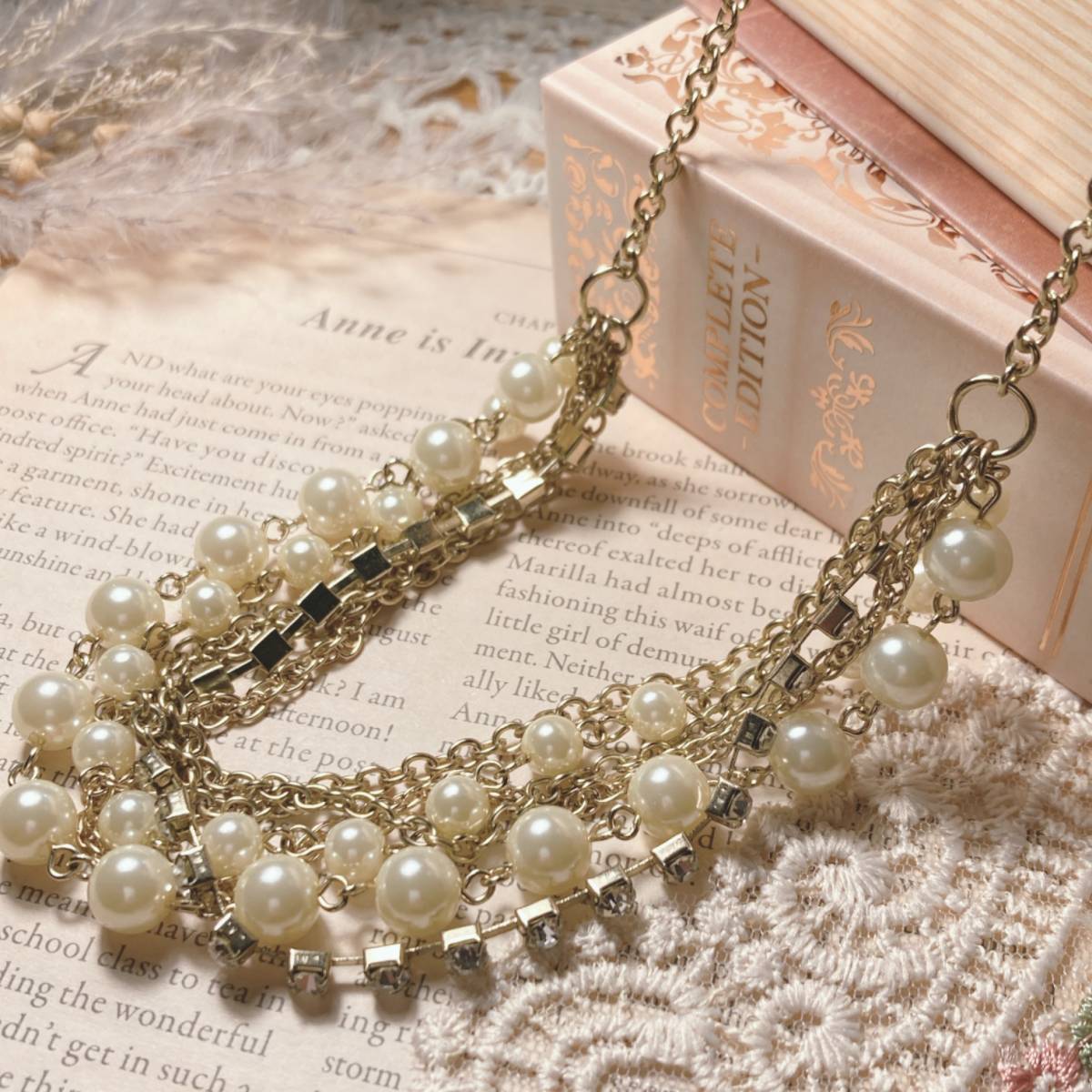 美品 パールネックレス ラインストーン チェーン 6連 japan Vintage jewelry accessories 0256拍卖