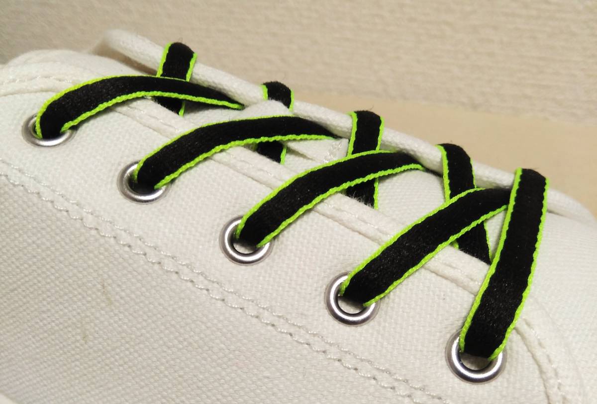 G21 即決 送料無料 ノーブランド スニーカー用シューレース 靴紐 黒×ネオンイエロー 丸平 オーバル型 長さ約114cm 幅約7mm 美中古品拍卖